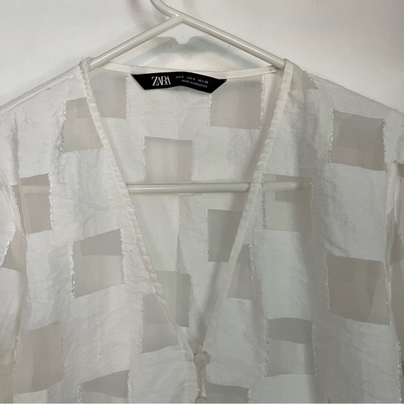 Zara sheer white checkered blouse puff short sleeves button Korean bojagi s - Picture 2 of 8
